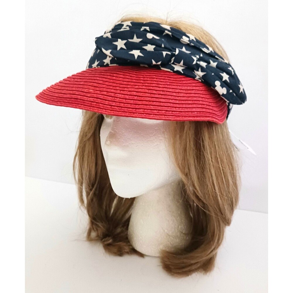 NWT Disney Parks Americana Red Straw Visor Blue/White Stars Mickey Hatband O/S